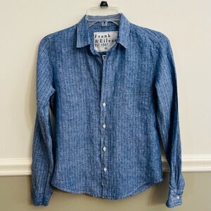 Women’s Frank & Eileen Barry Blue Mini Flower Button Down Striped Shirt Linen XS